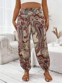 SHEIN Clasi 大碼女士花印高腰打結踝闊腳運動褲 - 彩色 - 查看 3