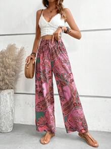 SHEIN LUNE Women's Paisley Print Shirred Waist Tie Long Pants - Pink - View 6