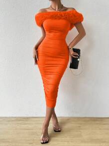 Chiquease 女士修身短袖露肩連衣裙,襯衫細節和對比色塊 - 橘色 - 查看 4