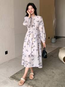 DAZY 蝴蝶印花柔軟風格長袖連衣裙 - 黑色 - 查看 3