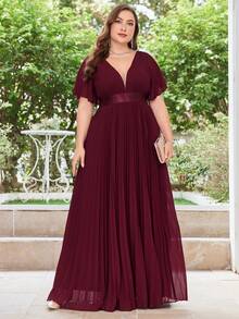 Elegantes V-ausschnitt Kleid Große Größen Mit Plissierter Taille Und Langem Ausgestelltem Chiffon Für Die Mutter Der Braut - Bordeaux - Übersicht 6