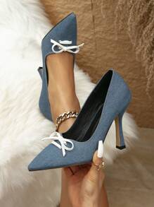 Women's Pointed Toe High Heel Pumps With Bow - Blue - View 1