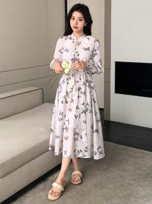 DAZY 蝴蝶印花柔軟風格長袖連衣裙 - 黑色 - 查看 6