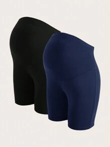 SHEIN Maternity Solid Color High Waist Short Length Slim Fit Leggings, 2pcs/Pack - Multicolor - View 12