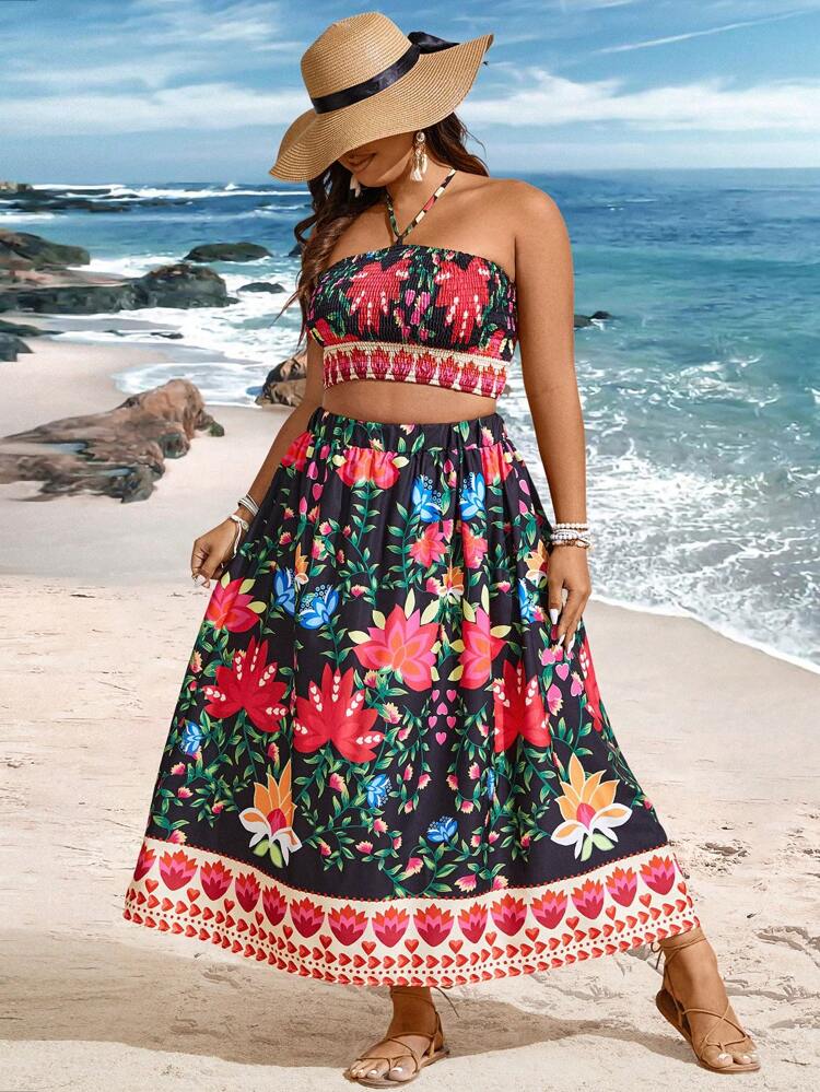 Plus Size Flower & Plant Printed Vacation Two Pieces Set