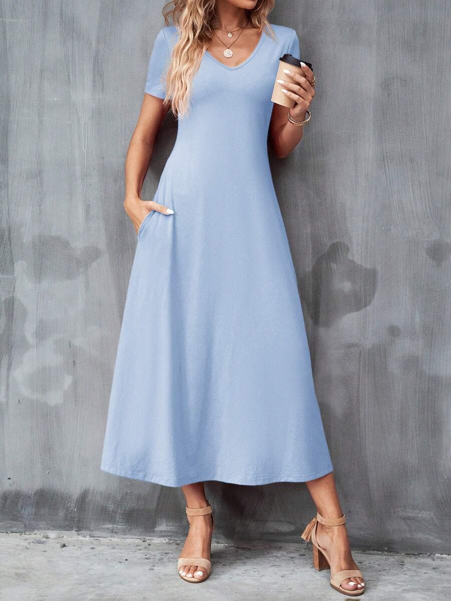 SHEIN Clasi Của phụ nữ Màu thuần Cổ chữ V Ngắn tay Đầm Với Túi - Màu xanh nhạt - Xem 1