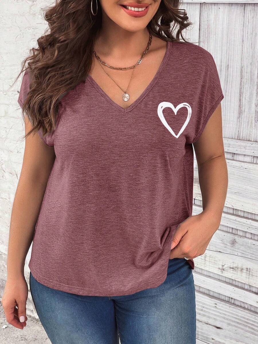 SHEIN LUNE Plus Size Heart Print V-Neck T-Shirt - Burgundy - View 1