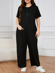 EMERY ROSE Plus Size Button-Front Short Sleeve Jumpsuit With Pockets - Black - View 5