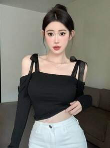 Dazy Designer 女士露肩设计长袖T恤，时尚感十足，除夕夜，露肩上衣，返校服，秋季女装 - 黑色 - 查看 9