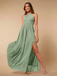SHEIN Belle Solid Color Halter Neck Bridesmaid Dress With High Slit, Elegant Dress