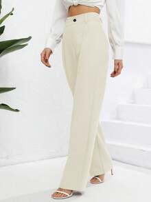 Women's Solid Color Pleated Loose Straight Casual Commuter Pants - Beige - View 4