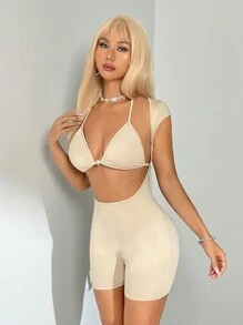 SHEIN ICON Y2K Black Summer Women's Rhinestone Heart Clasp Decor Bralette And Cut-Out Back Romper Set - Apricot - View 5