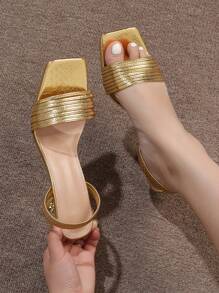 Giày sandal cao gót nữ, kiểu dáng tối giản, gợi cảm với quai mảnh, gót vuông, gót nhọn nhẹ, thích hợp cho trang phục xuân hè. - Vàng - Xem 7