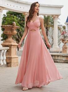 Women's Summer Elegant Sleeveless Cinched Waist Hollow Out Chiffon Dress - Pink - View 1