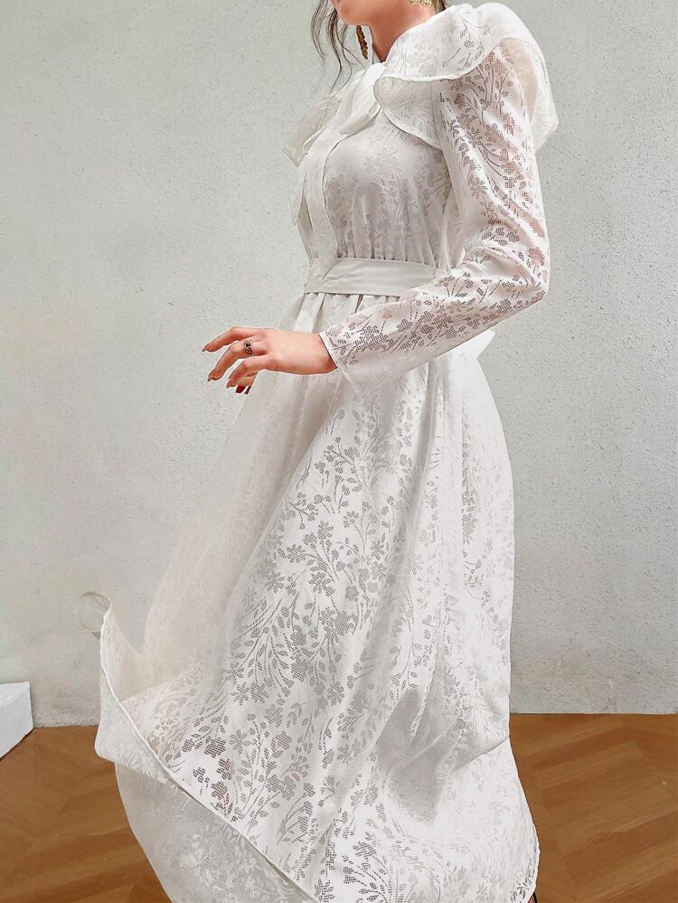 Ladies' Solid Color Jacquard Lotus Leaf Collar Dress Long Evening Dresses