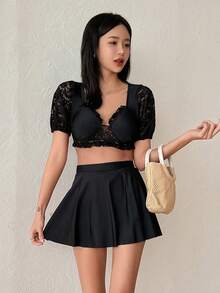 DAZY 泡泡袖设计撞色蕾丝单肩泳衣 - 黑色 - 查看 4