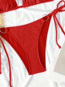 SHEIN Swim Solid Texture Halter Neck Ring Design Two-Piece Bikini Set, String Bikini Set Swimwear Bathing Suit Beach Outfit Summer Vacation,Summer Beach - Red - View 5