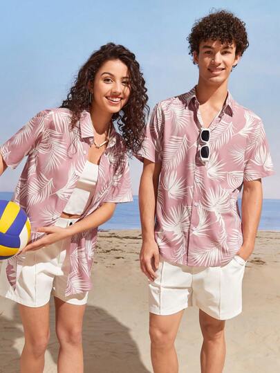 SWAVVY Men's Short Sleeve Woven Casual Shirt With Tropical Plants Print, Baggy Button Up Graphic Hawaii Light Pink Shirt