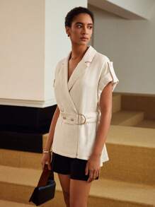 MOTF PREMIUM LINEN LAPEL COLLAR ROLL TAB SLEEVE BELTED COAT - Apricot - View 4