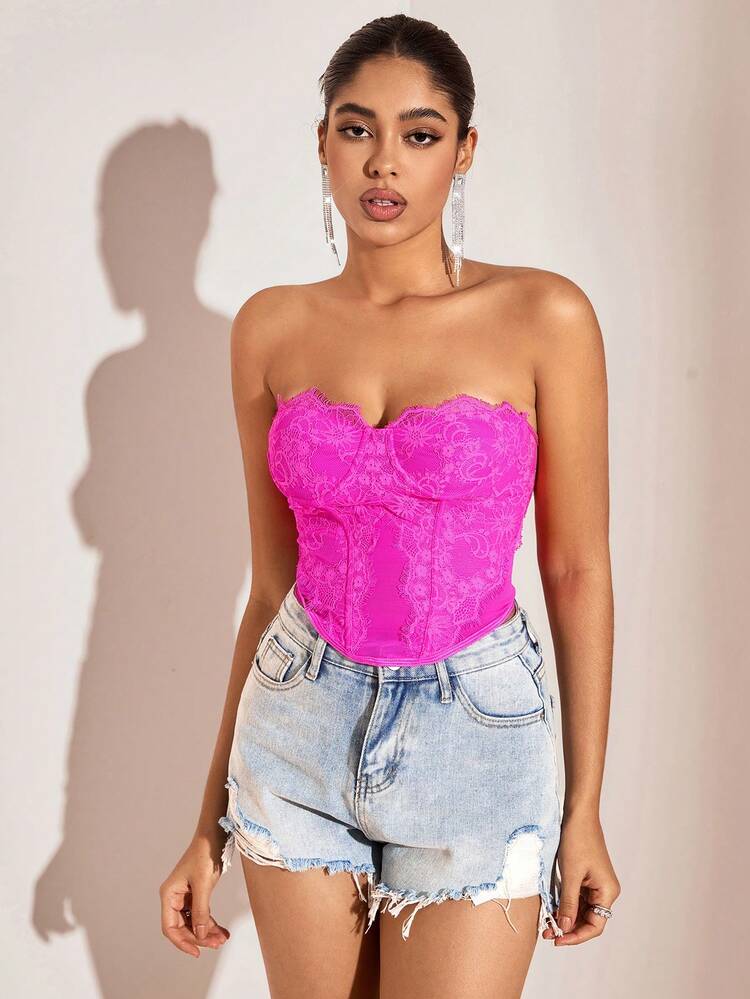 Jacquard Lace Patchwork Strapless Fancy Top