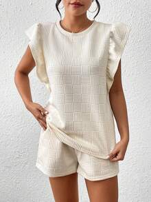Women Textured Ruffle Trim Crew Neck Top And Shorts Set - White - View 6