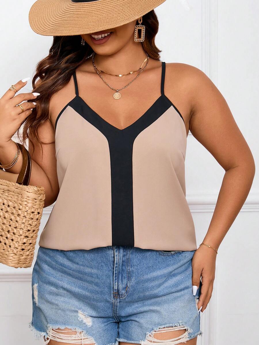 SHEIN Frenchy Áo ba lỗ dây mảnh màu khối cỡ lớn phong cách Boho thường ngày mùa hè - Màu Khaki - Xem 1