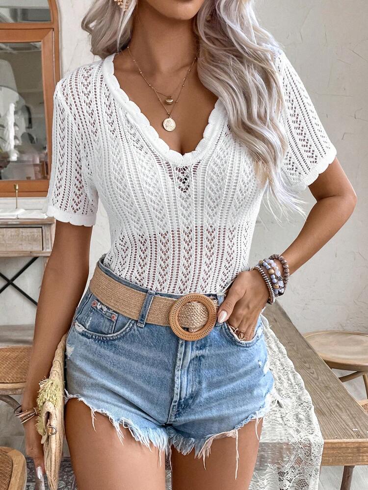 White Shell Edge Patchwork Neckline Hollow Knitted Top, Suitable For Summer Vacation Or Wedding Season