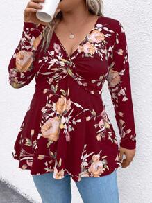 SHEIN LUNE 大尺碼女士花卉印花扭結長袖t恤 - 紅色 - 查看 3