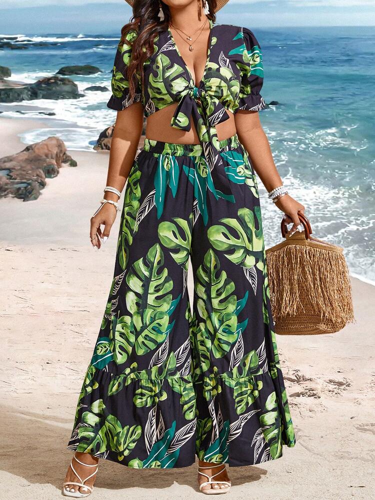 Plus Size Women's Botanical Print Shirt And Wide Leg Pants Two Pieces Set