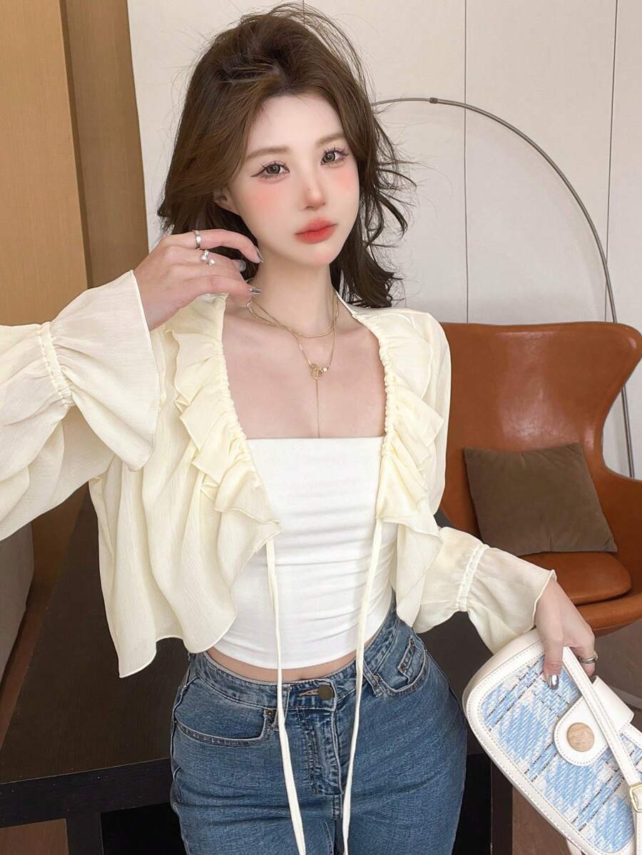 DAZY Solid Ruffle Trim Tie Front Flare Sleeve Jacket - White - View 1