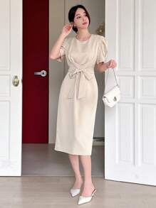 DAZY Women's Puff Sleeve Belted Dress Sundress - Beige - View 6