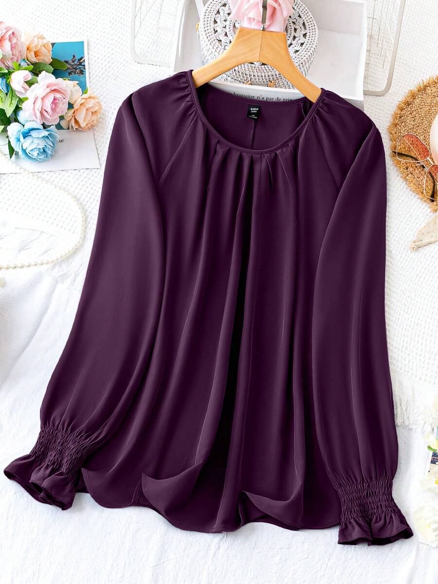 Plus Size Solid Color Round Neck Pleated Casual Shirt Fall Cloth For Women - Purple - View 1