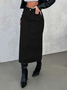 EURMUSE Women's Solid Color Straight Denim Skirt With Slanted Pockets - Black - View 4