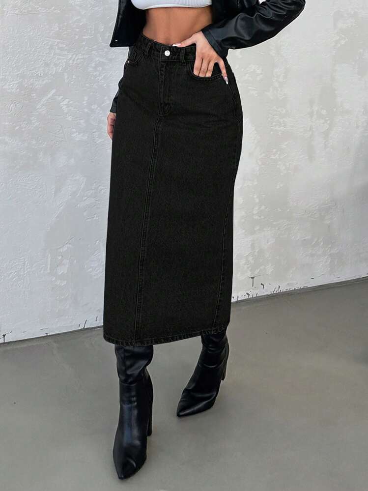 EURMUSE Women's Solid Color Straight Denim Skirt With Slanted Pockets - Black - View 3