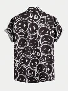 ROMWE MEN Prep Men Smile Face Print Shirt, School - Black and White - View 2