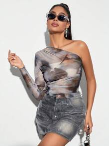 SHEIN BAE Camiseta transparente de malla con efecto tie-dye para mujer, tops de verano - Gris - Ver 2