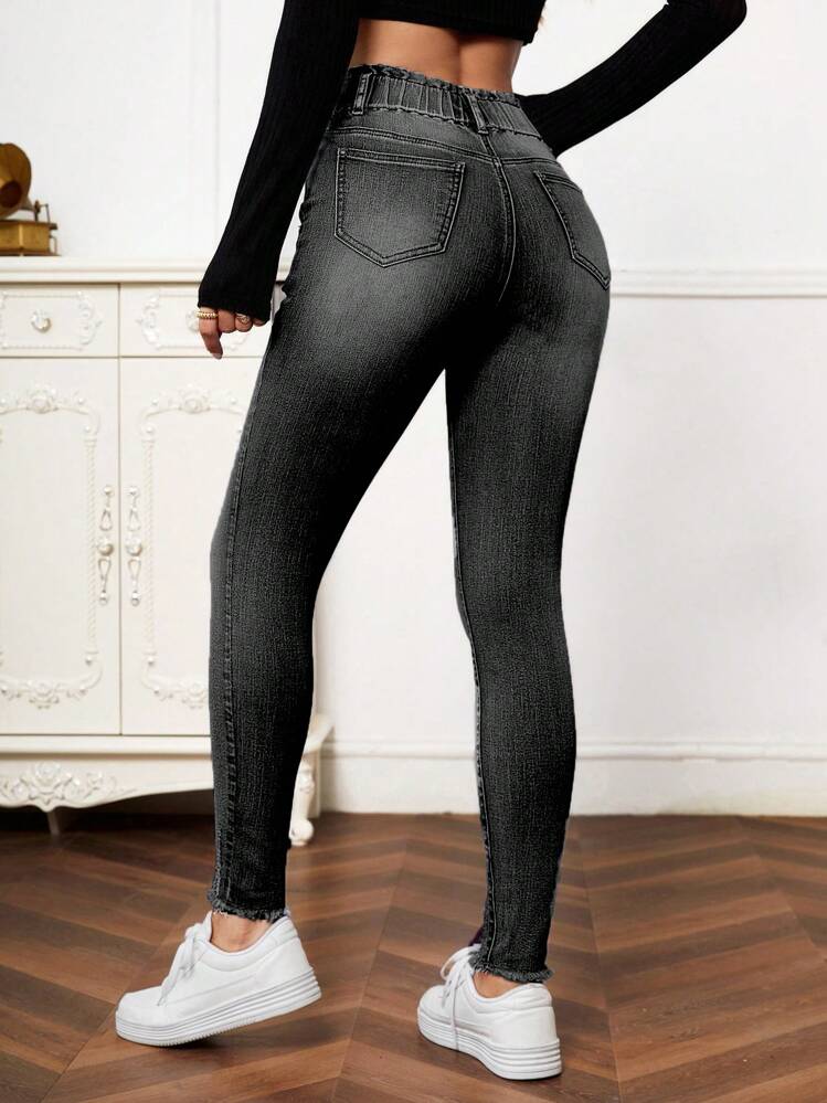 EMERY ROSE Vrouwen Skinny jeans Met Frayed hem En Verontrust Gedetailleerd - Donker grijs - Bekijken 2