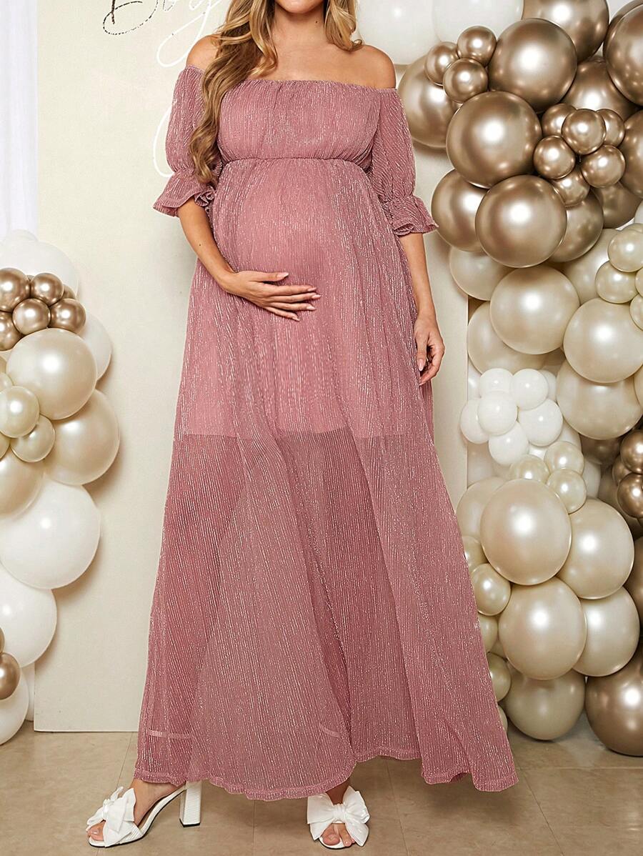 SHEIN Maternity Women's Elegant Romantic Off Shoulder Sheer Dress For Gender Reveal Party - Pink - View 1
