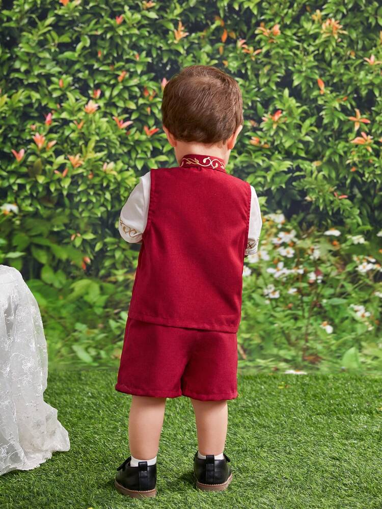 Baby Boy Bohemian Style Golden Plant Printed Stand Collar Vest, T-Shirt, Shorts 3 Pieces Set