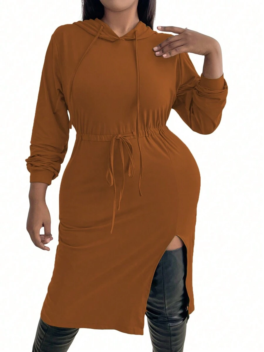 Calvaya 加大碼女士固色連帽連衣裙,腰帶綁帶及分割式下擺設計