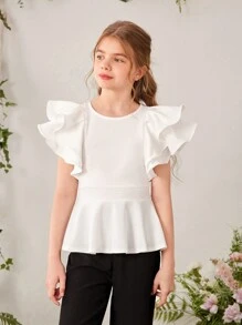SHEIN Tween Girl Elegant And Stylish Round Neck Plain T-Shirt With Pleated Ruffle Hem Detail - White - View 4