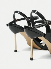 Sandalias De Tacón Alto Y Punta Fina Con Diamantes De Imitación Para Mujer - Negro - Ver 3