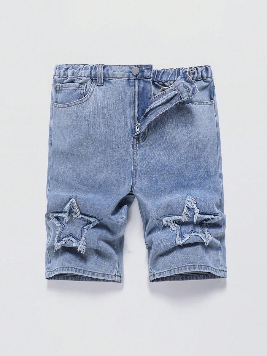 Teenagers' Laser Embroidery Straight Leg Denim Capris - Light Wash - View 1