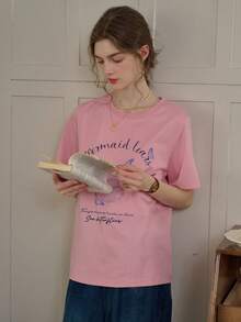 Simple Retro 1pc Women Butterfly & Letter Print Casual T-Shirt - Pink - View 7