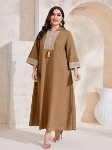 Al Najma Plus Size Hooded Patchwork Knitwear Dress Kaftan Jalabiya Dress - Khaki - View 1