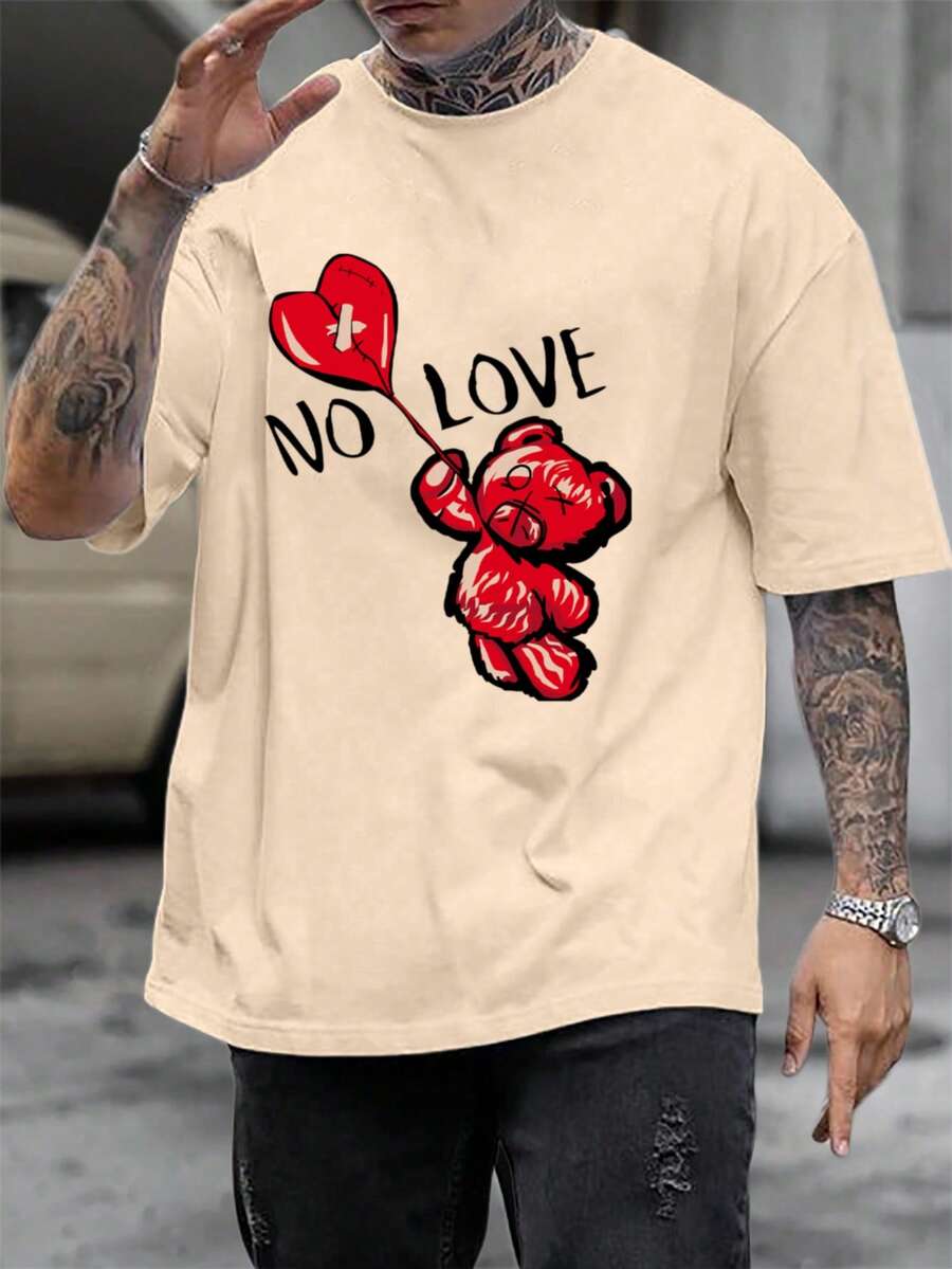 男士漫畫和字母印花短袖t恤 - 杏色 - 查看 1