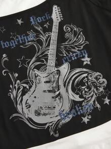 ROMWE Grunge Punk Plus Size Y2K Guitar Vine Distressed Print Colorblock Slim Fit Summer T-Shirt, School - Black - View 4
