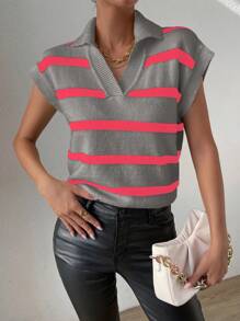 Chiquease Women's Casual Fashionable Striped V-Neck Sweater Vest - Dark Grey - View 5