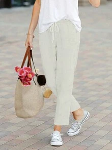 Jisfaneya Solid Color Pocket Elastic Waist Drawstring Pleated Effect Fabric Straight Leg Casual Everyday Versatile Light Gray Pants, Spring/Summer - Light Grey - View 3