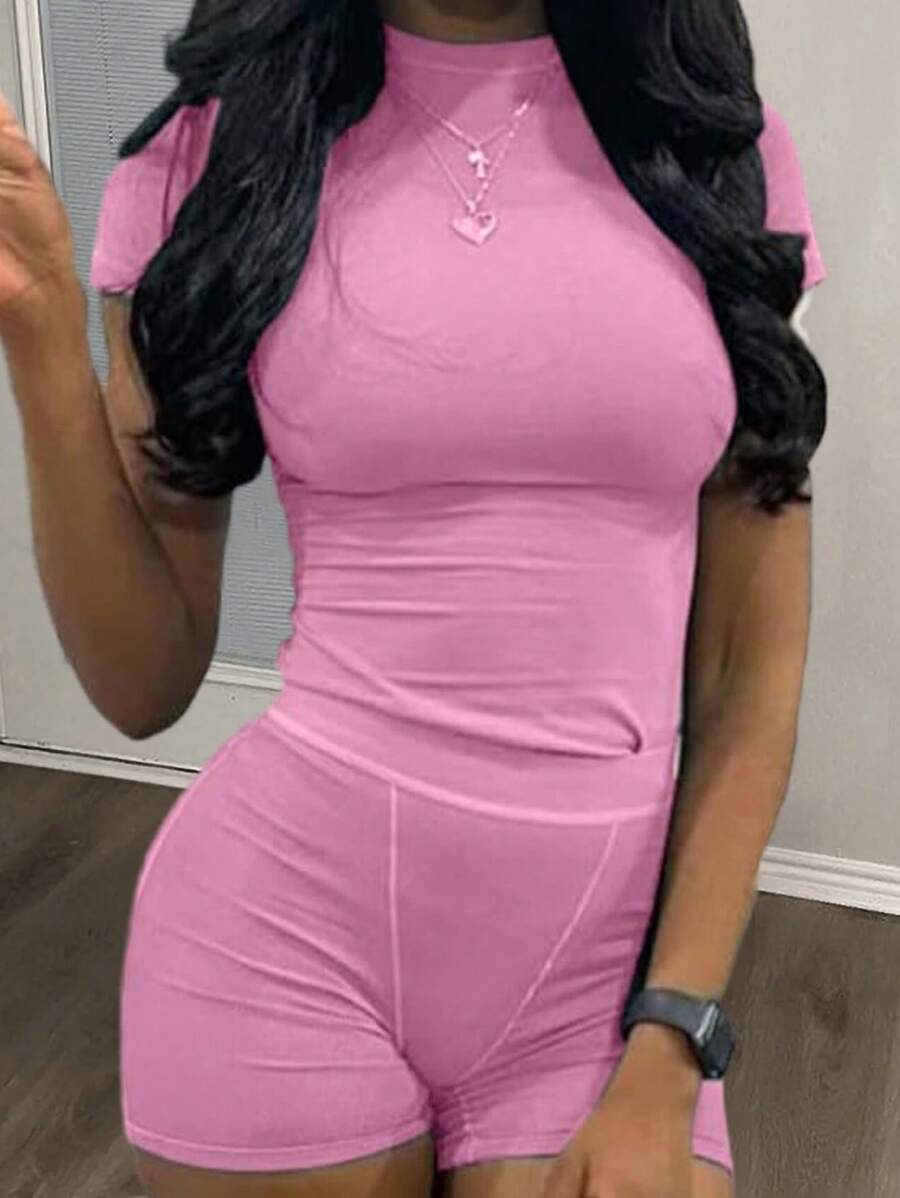 Slaydiva Thon gọn Ngắn tay Áo thun Và Bộ quần short - Hồng - Xem 1